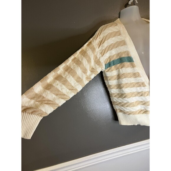 Vintage Daniel Hechter Sweater Mens Small Beige White Stripe Cardigan Teal 80s - Picture 4 of 8